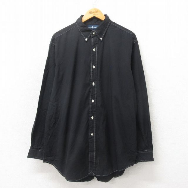 【50%OFF】XL★古着 ラルフローレン Ralph Lauren 長袖 ブランド シャツ メンズ 90年代 90s ワンポイントロゴ YARMOUTH オックスフォード 大きいサイズ コットン ボタンダウン 黒 ブラック 25may20 中古 トップス