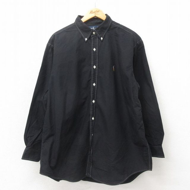 XL★古着 ラルフローレン Ralph Lauren 長袖 ブランド シャツ メンズ 90年代 90s ワンポイントロゴ YARMOUTH オックスフォード 大きいサイズ コットン ボタンダウン 黒 ブラック 25may20 中古 トップス