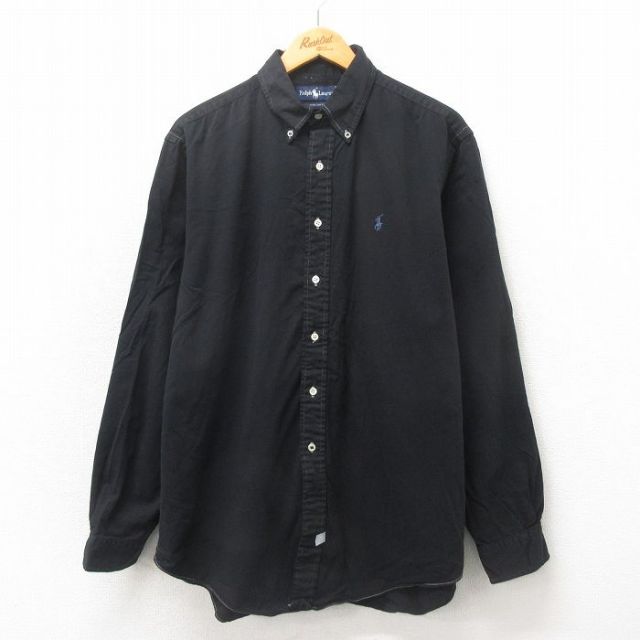 XL★古着 ラルフローレン Ralph Lauren 長袖 ブランド シャツ メンズ 90年代 90s ワンポイントロゴ 大きいサイズ コットン ボタンダウン 黒 ブラック 25may20 中古 トップス
