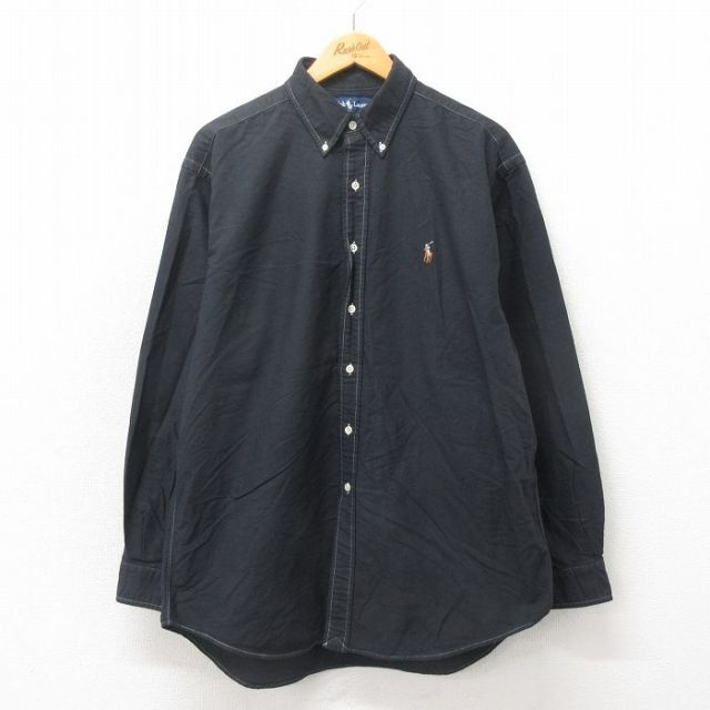 【20%OFF】XL★古着 ラルフローレン Ralph Lauren 長袖 ブランド シャツ メンズ 90年代 90s ワンポイントロゴ BLAKE オックスフォード 大きいサイズ ロング丈 コットン ボタンダウン 黒 ブラック 25may20 中古 トップス