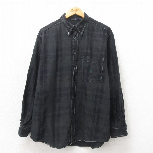 XL★古着 ノーティカ NAUTICA 長袖 ブランド シャツ メンズ 90年代 90s ワンポイントロゴ 大きいサイズ コットン ボタンダウン 黒他 ブラック チェック 25may21 中古 トップス