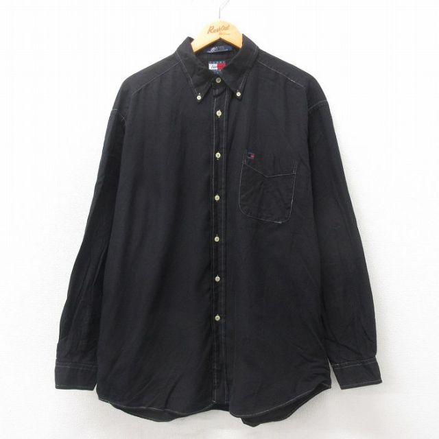 【50%OFF】XL★古着 トミーヒルフィガー TOMMY HILFIGER 長袖 ブランド シャツ メンズ 90年代 90s ワンポイントロゴ 大きいサイズ コットン ボタンダウン 黒 ブラック 25may21 中古 トップス