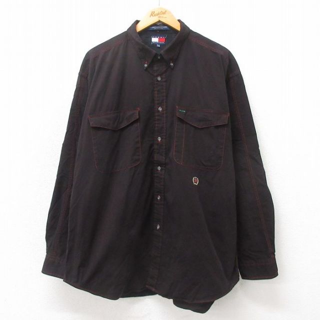 【50%OFF】XL★古着 トミーヒルフィガー TOMMY HILFIGER 長袖 ブランド シャツ メンズ 90年代 90s ワンポイントロゴ 大きいサイズ コットン ボタンダウン 黒系 ブラック 25may21 中古 トップス