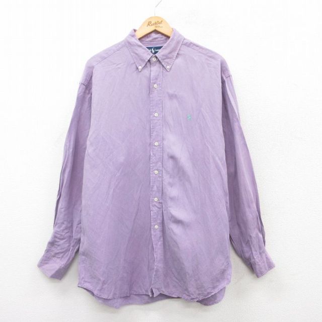 XL★古着 ラルフローレン Ralph Lauren 長袖 ブランド シャツ メンズ 90年代 90s ワンポイントロゴ BLAKE 大きいサイズ シルク リネン ボタンダウン 紫 パープル 25may21 中古 トップス