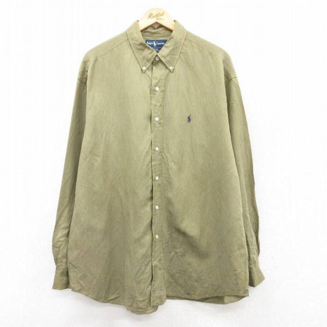 XL★古着 ラルフローレン Ralph Lauren 長袖 ブランド シャツ メンズ 90年代 90s ワンポイントロゴ BLAKE 大きいサイズ ロング丈 シルク リネン ボタンダウン 緑系 グリーン 【spe】 25may21 中古 トップス