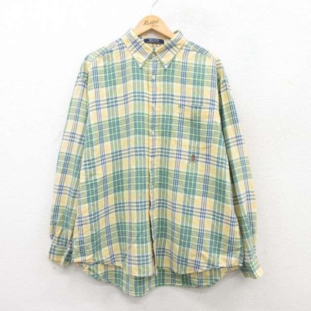 【50%OFF】XL★古着 トミーヒルフィガー TOMMY HILFIGER 長袖 ブランド シャツ メンズ 90年代 90s ワンポイントロゴ 大きいサイズ リネン ボタンダウン 黄他 イエロー チェック 25may21 中古 トップス
