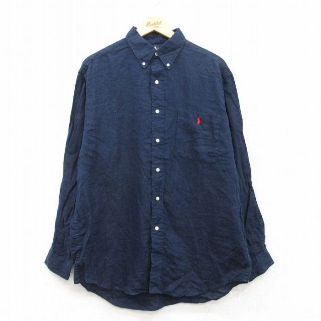 XL★古着 ラルフローレン Ralph Lauren 長袖 ブランド シャツ メンズ 90年代 90s ワンポイントロゴ BLAKE リネン ボタンダウン 紺 ネイビー 25may21 中古 トップス