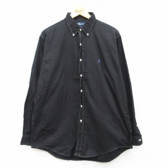L★古着 ラルフローレン Ralph Lauren 長袖 ブランド シャツ メンズ 90年代 90s ワンポイントロゴ YARMOUTH コットン ボタンダウン 黒 ブラック 25may21 中古 トップス