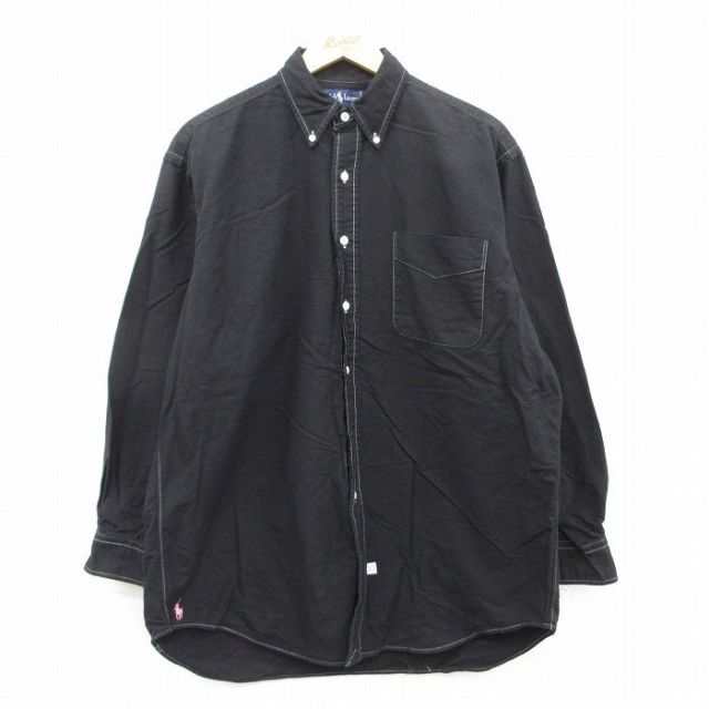 【50%OFF】XL★古着 ラルフローレン Ralph Lauren 長袖 ブランド シャツ メンズ 90年代 90s ワンポイントロゴ 裾ロゴ The Big Oxford オックスフォード 大きいサイズ コットン ボタンダウン 黒 ブラック 【spe】 25may21 中古 トップス