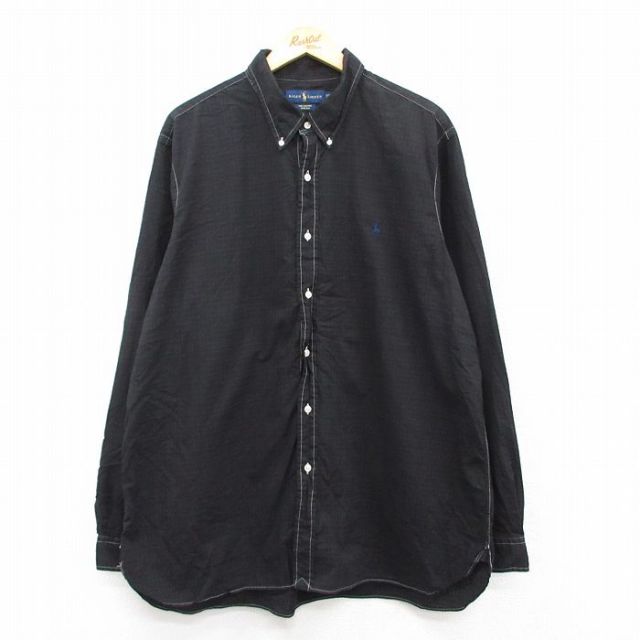 XL★古着 ラルフローレン Ralph Lauren 長袖 ブランド シャツ メンズ ワンポイントロゴ 大きいサイズ コットン ボタンダウン 黒 ブラック チェック 25may21 中古 トップス