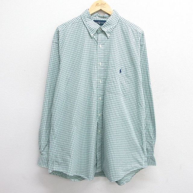 【50%OFF】XL★古着 ラルフローレン Ralph Lauren 長袖 ブランド シャツ メンズ 90年代 90s ワンポイントロゴ BLAKE 大きいサイズ ロング丈 コットン ボタンダウン 緑他 グリーン チェック 25may21 中古 トップス