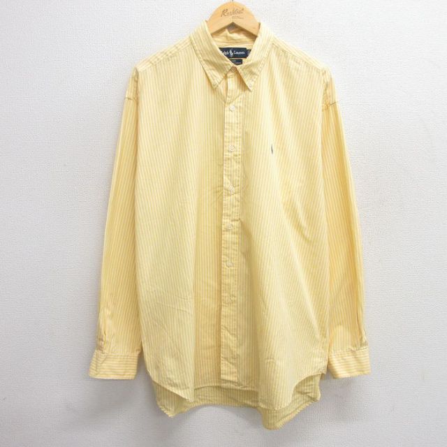 XL★古着 ラルフローレン Ralph Lauren 長袖 ブランド シャツ メンズ 90年代 90s ワンポイントロゴ BLAKE 大きいサイズ ロング丈 コットン ボタンダウン 黄他 イエロー ストライプ 25may21 中古 トップス