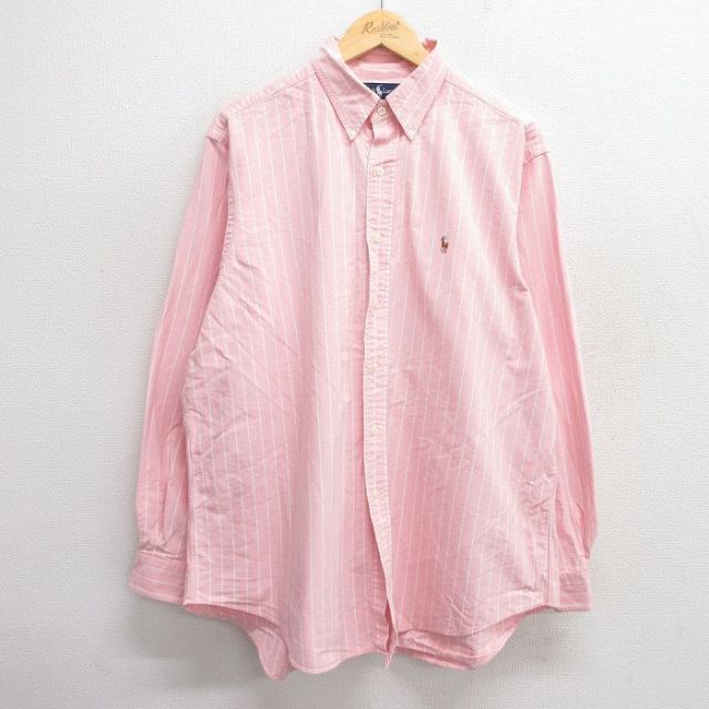 XL★古着 ラルフローレン Ralph Lauren 長袖 ブランド シャツ メンズ 90年代 90s ワンポイントロゴ オックスフォード 大きいサイズ ロング丈 コットン ボタンダウン ピンク他 ストライプ 25may21 中古 トップス