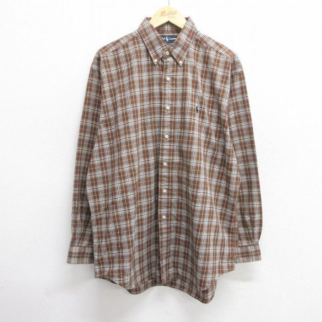 【20%OFF】XL★古着 ラルフローレン Ralph Lauren 長袖 ブランド シャツ メンズ 90年代 90s ワンポイントロゴ BLAIRE 大きいサイズ ロング丈 コットン ボタンダウン 茶他 ブラウン チェック 25may21 中古 トップス