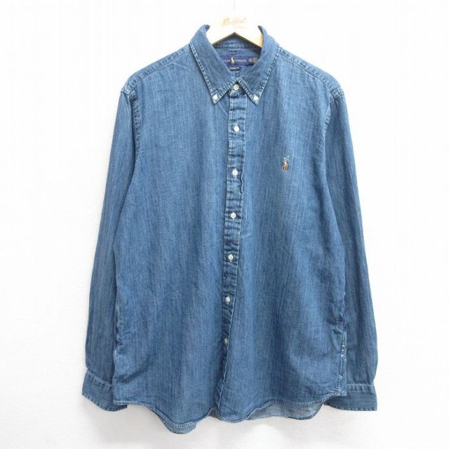 XL★古着 ラルフローレン Ralph Lauren 長袖 ブランド シャツ メンズ ワンポイントロゴ コットン ボタンダウン 紺 ネイビー デニム 【spe】 25may21 中古 トップス