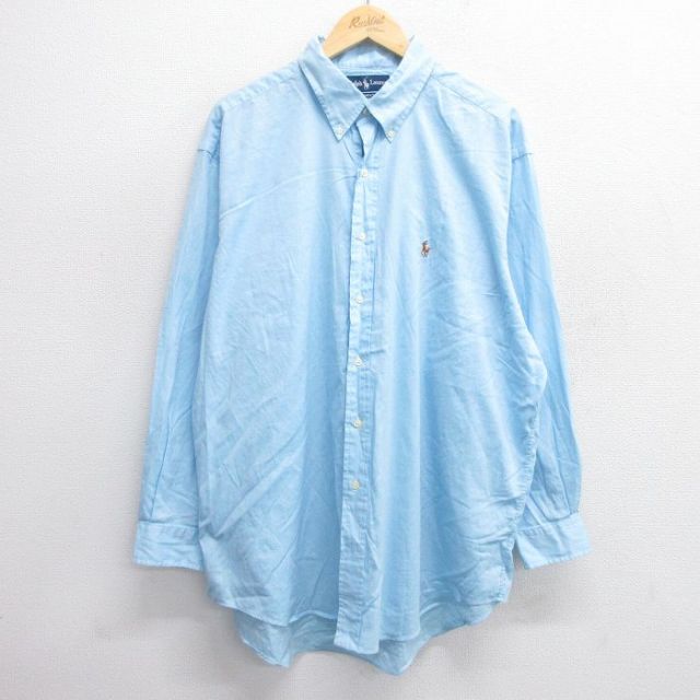 XL★古着 ラルフローレン Ralph Lauren 長袖 ブランド シャツ メンズ 90年代 90s ワンポイントロゴ YARMOUTH オックスフォード 大きいサイズ ロング丈 コットン ボタンダウン 薄紺 ネイビー 25may21 中古 トップス