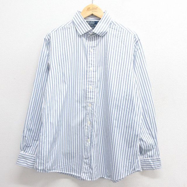 XL★古着 ラルフローレン Ralph Lauren 長袖 ブランド シャツ メンズ 90年代 90s コットン 薄紺 ネイビー ストライプ 25may26 中古 トップス