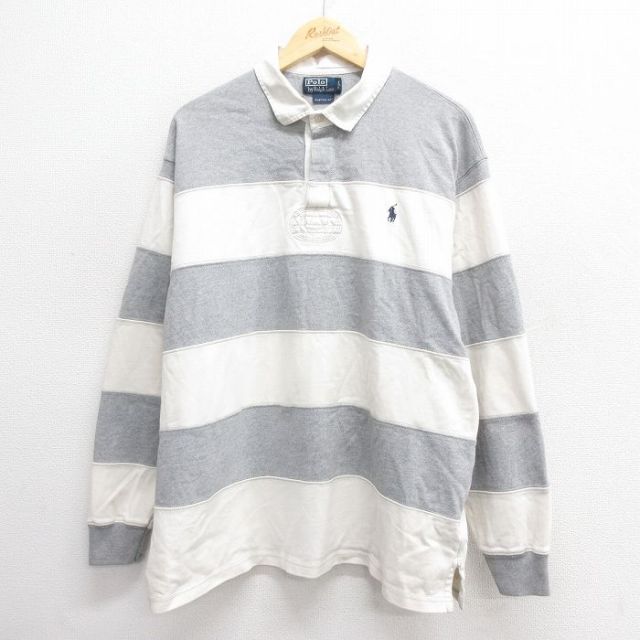 XL★古着 ラルフローレン Ralph Lauren 長袖 ブランド ラガー シャツ メンズ 90年代 90s ワンポイントロゴ 大きいサイズ コットン グレー ボーダー 25may26 中古 トップス