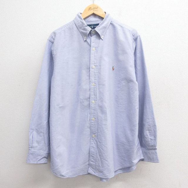 XL★古着 ラルフローレン Ralph Lauren 長袖 ブランド シャツ メンズ 90年代 90s ワンポイントロゴ オックスフォード 大きいサイズ コットン ボタンダウン 薄紺 ネイビー 25may27 中古 トップス