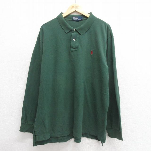 XL★古着 ラルフローレン Ralph Lauren 長袖 ブランド ポロ シャツ メンズ 90年代 90s ワンポイントロゴ 鹿の子 大きいサイズ コットン 緑 グリーン 25may27 中古 トップス