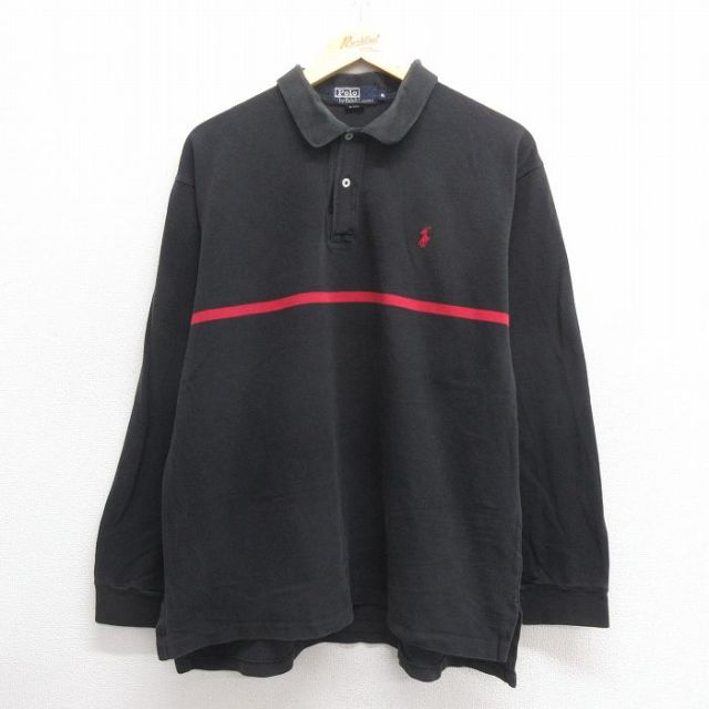 XL★古着 ラルフローレン Ralph Lauren 長袖 ブランド ポロ シャツ メンズ 90年代 90s ワンポイントロゴ 鹿の子 大きいサイズ コットン 黒 ブラック 25may27 中古 トップス