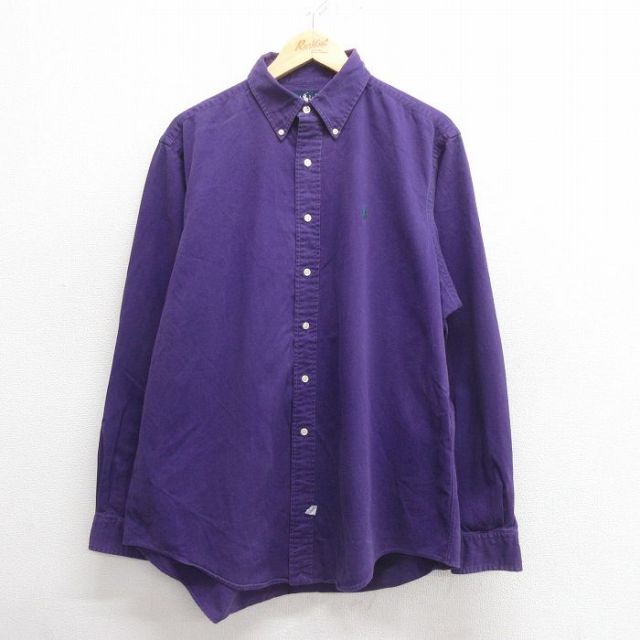 XL★古着 ラルフローレン Ralph Lauren 長袖 ブランド シャツ メンズ 90年代 90s ワンポイントロゴ 大きいサイズ コットン ボタンダウン 紫 パープル 25may27 中古 トップス