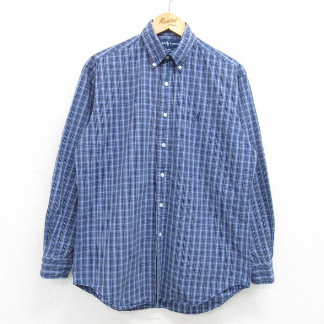 L★古着 ラルフローレン Ralph Lauren 長袖 ブランド シャツ メンズ 90年代 90s ワンポイントロゴ BLAKE コットン ボタンダウン 紺他 ネイビー チェック 25may29 中古 トップス