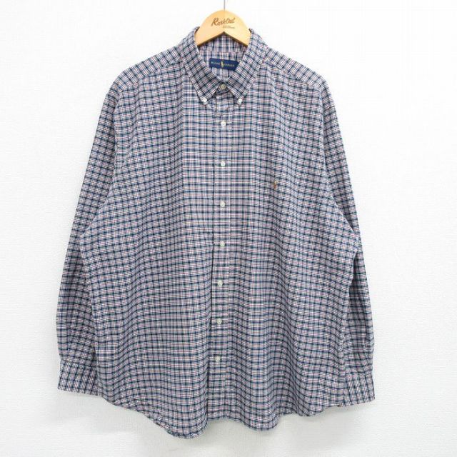 XL★古着 ラルフローレン Ralph Lauren 長袖 ブランド シャツ メンズ ワンポイントロゴ オックスフォード 大きいサイズ ロング丈 コットン ボタンダウン 紺他 ネイビー チェック 25may29 中古 トップス