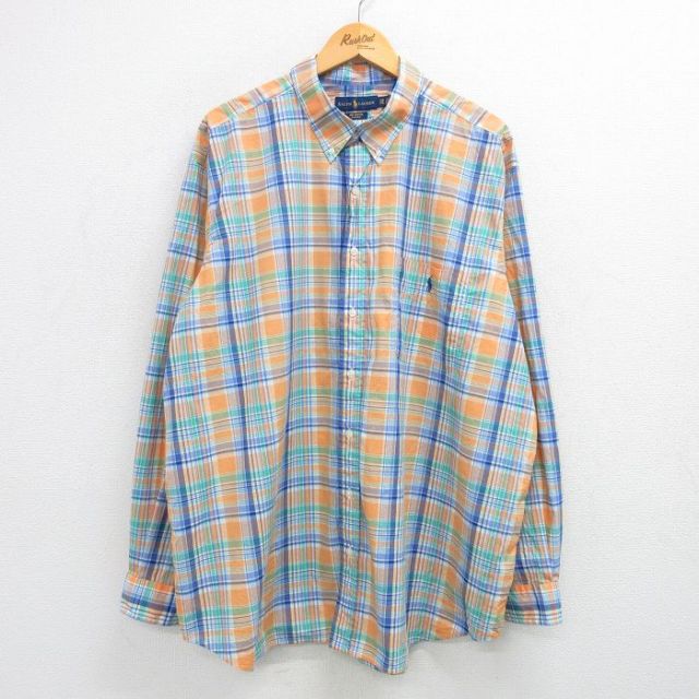 【50%OFF】XL★古着 ラルフローレン Ralph Lauren 長袖 ブランド シャツ メンズ ワンポイントロゴ 大きいサイズ ロング丈 コットン ボタンダウン オレンジ他 チェック 25may29 中古 トップス