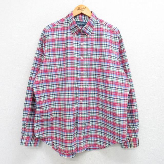 【50%OFF】XL★古着 ラルフローレン Ralph Lauren 長袖 ブランド シャツ メンズ 90年代 90s ワンポイントロゴ オックスフォード 大きいサイズ ロング丈 コットン ボタンダウン 濃ピンク他 チェック 25may29 中古 トップス