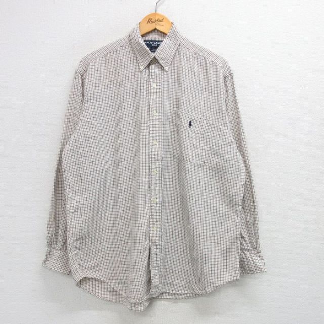 【50%OFF】XL★古着 ラルフローレン Ralph Lauren ゴルフ 長袖 ブランド シャツ メンズ 90年代 90s ワンポイントロゴ TILDEN 大きいサイズ コットン ボタンダウン USA製 薄ベージュ他 カーキ チェック 【spe】 25may29 中古 トップス