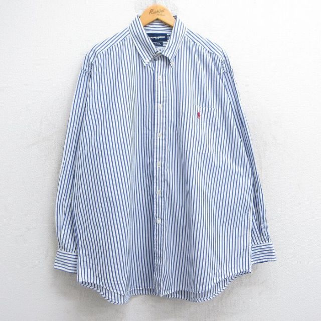 XL★古着 ラルフローレン Ralph Lauren ゴルフ 長袖 ブランド シャツ メンズ 90年代 90s ワンポイントロゴ TILDEN 大きいサイズ コットン ボタンダウン 青他 ブルー ストライプ 25jun02 中古 トップス