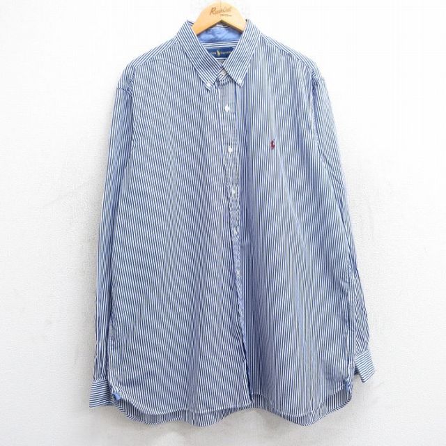 XL★古着 ラルフローレン Ralph Lauren 長袖 ブランド シャツ メンズ ワンポイントロゴ ロング丈 大きいサイズ コットン ボタンダウン 青他 ブルー ストライプ 25jun02 中古 トップス