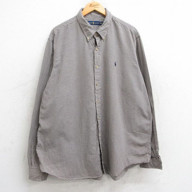 XL★古着 ラルフローレン Ralph Lauren 長袖 ブランド シャツ メンズ ワンポイントロゴ 大きいサイズ コットン ボタンダウン 濃茶他 ブラウン ギンガム チェック 25jun02 中古 トップス