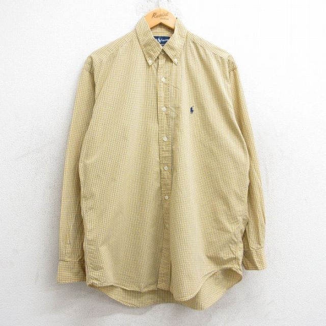 【50%OFF】XL★古着 ラルフローレン Ralph Lauren 長袖 ブランド シャツ メンズ 90年代 90s ワンポイントロゴ BLAKE コットン ボタンダウン 黄他 イエロー チェック 25jun02 中古 トップス