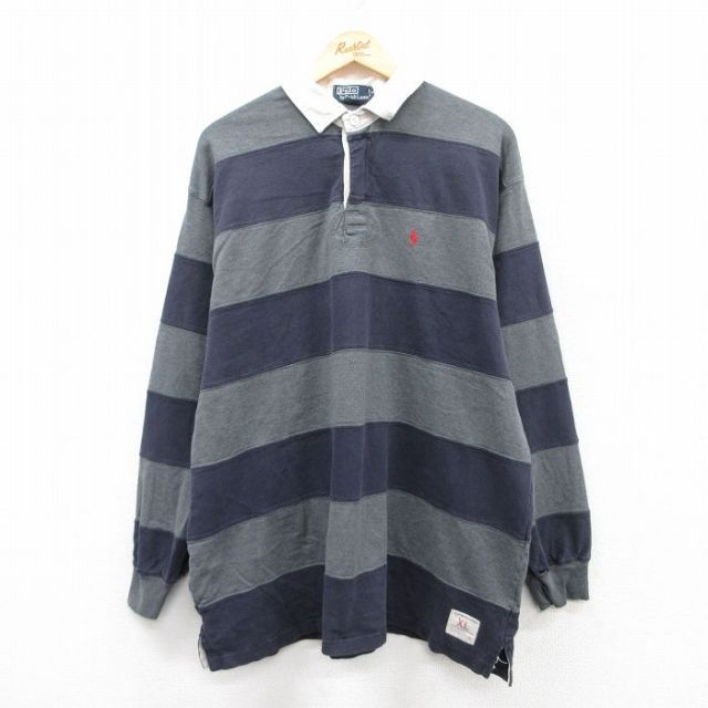 【50%OFF】XL★古着 ラルフローレン Ralph Lauren 長袖 ブランド ラガー シャツ メンズ ワンポイントロゴ 大きいサイズ コットン 紺他 ネイビー ボーダー 25jun03 中古 トップス