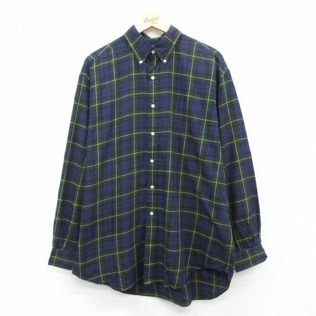 XL★古着 ラルフローレン Ralph Lauren 長袖 ブランド シャツ メンズ 90年代 90s ワンポイントロゴ BLAKE 大きいサイズ ロング丈 コットン ボタンダウン 緑他 グリーン チェック 25jun03 中古 トップス