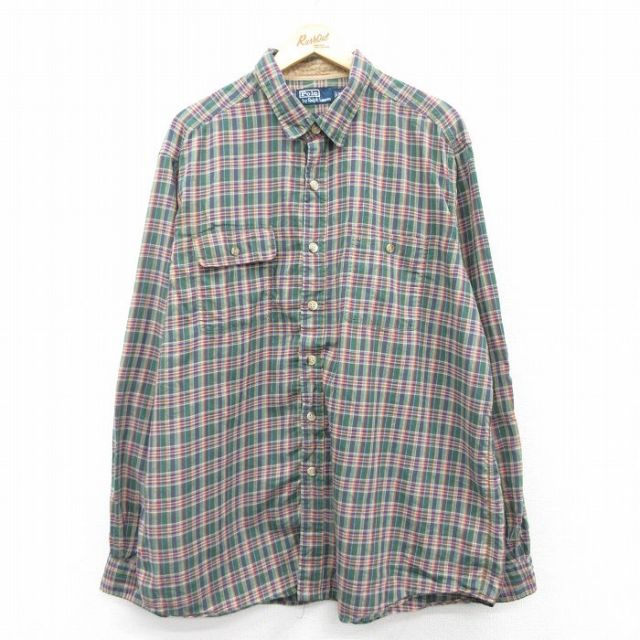 XL★古着 ラルフローレン Ralph Lauren ポロカントリー 長袖 ブランド シャツ メンズ 90年代 90s ヒジ当て 大きいサイズ ロング丈 コットン 緑他 グリーン チェック 【spe】 25jun03 中古 トップス