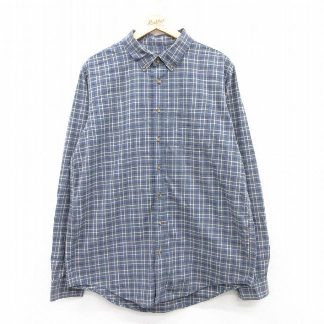 【50%OFF】XL★古着 エディーバウアー 長袖 ブランド シャツ メンズ コットン ボタンダウン 紺他 ネイビー チェック 25jun03 中古 トップス