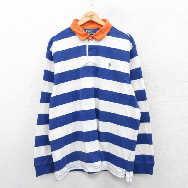 XL★古着 ラルフローレン Ralph Lauren 長袖 ブランド ラガー シャツ メンズ 90年代 90s ワンポイントロゴ 大きいサイズ コットン 青他 ブルー ボーダー 25jun03 中古 トップス