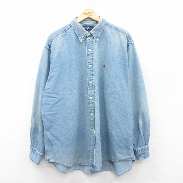 XL★古着 ラルフローレン Ralph Lauren 長袖 ブランド シャツ メンズ 90年代 90s ワンポイントロゴ BLAKE 大きいサイズ コットン ボタンダウン 薄紺 ネイビー デニム 25jun03 中古 トップス