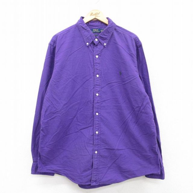 XL★古着 ラルフローレン Ralph Lauren 長袖 ブランド シャツ メンズ ワンポイントロゴ 大きいサイズ コットン ボタンダウン 紫 パープル 25jun03 中古 トップス
