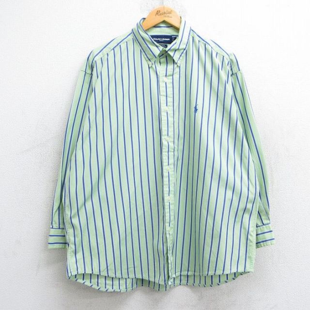 XL★古着 ラルフローレン Ralph Lauren 長袖 ブランド シャツ メンズ 90年代 90s ゴルフ ワンポイントロゴ TILDEN 大きいサイズ コットン ボタンダウン 薄緑他 グリーン ストライプ 25jun11 中古 トップス