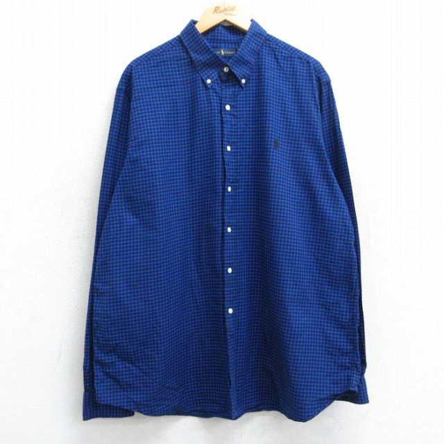 XL★古着 ラルフローレン Ralph Lauren 長袖 ブランド シャツ メンズ ワンポイントロゴ 大きいサイズ ロング丈 コットン ボタンダウン 青他 ブルー チェック 25jun11 中古 トップス