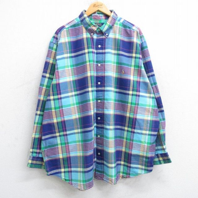 XL★古着 ラルフローレン Ralph Lauren 長袖 ブランド シャツ メンズ ワンポイントロゴ オックスフォード 大きいサイズ ロング丈 コットン ボタンダウン 紺他 ネイビー チェック 25jun11 中古 トップス
