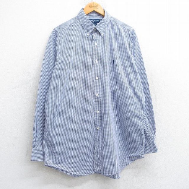 XL★古着 ラルフローレン Ralph Lauren 長袖 ブランド シャツ メンズ 90年代 90s YARMOUTH ロング丈 コットン ボタンダウン 紺他 ネイビー チェック 25jun11 中古 トップス