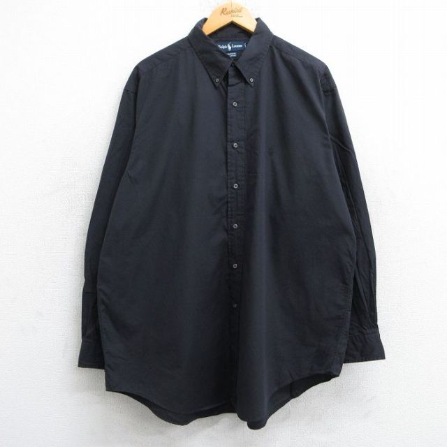 XL★古着 ラルフローレン Ralph Lauren 長袖 ブランド シャツ メンズ 90年代 90s ワンポイントロゴ YARMOUTH 大きいサイズ ロング丈 コットン ボタンダウン 黒 ブラック 25jun11 中古 トップス