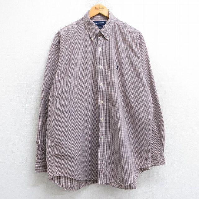 【50%OFF】XL★古着 ラルフローレン Ralph Lauren 長袖 ブランド シャツ メンズ 90年代 90s ゴルフ ワンポイントロゴ TILDEN 大きいサイズ ロング丈 コットン ボタンダウン 茶他 ブラウン チェック 25jun11 中古 トップス