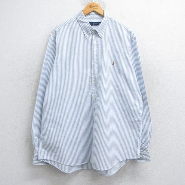 XL★古着 ラルフローレン Ralph Lauren 長袖 ブランド シャツ メンズ ワンポイントロゴ オックスフォード 大きいサイズ ロング丈 コットン ボタンダウン 薄紺他 ネイビー ストライプ 25jun11 中古 トップス
