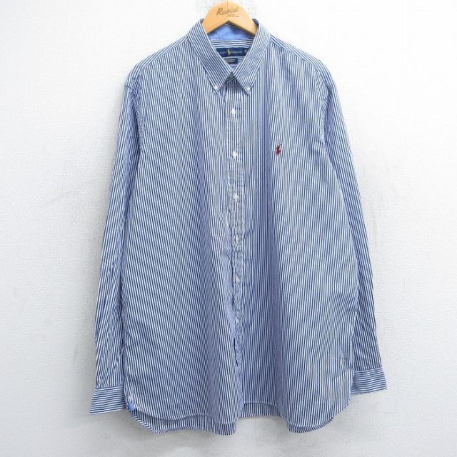XL★古着 ラルフローレン Ralph Lauren 長袖 ブランド シャツ メンズ ワンポイントロゴ 大きいサイズ ロング丈 コットン ボタンダウン 青他 ブルー ストライプ 25jun13 中古 トップス